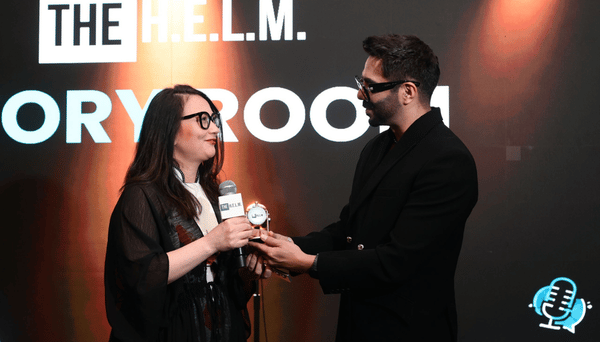 A guest being interviewed in the Story Room at THE H.E.L.M. 2026